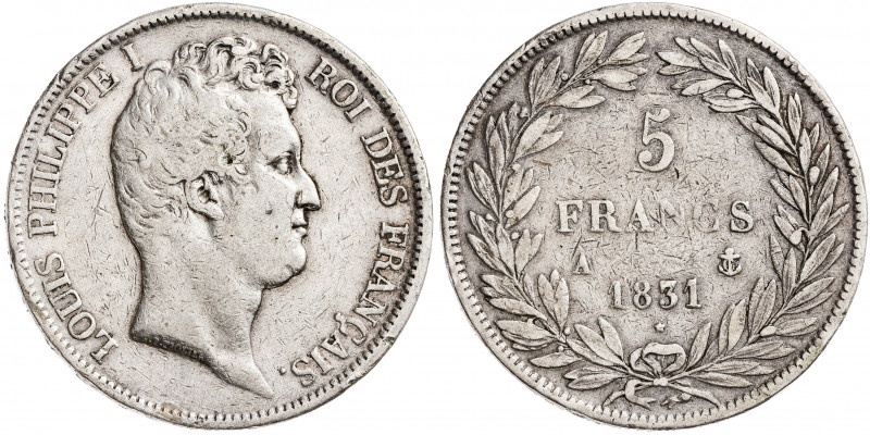 Francia. 1831. Luis Felipe I. A (París). 5 francos. (Kr. 735.1). Rayitas. AG. 24...