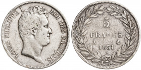 Francia. 1831. Luis Felipe I. A (París). 5 francos. (Kr. 735.1). Rayitas. AG. 24,55 g. MBC-.