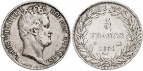 Francia. 1831. Luis Felipe I. B (Rouen). 5 francos. (Kr. 735.2). AG. 24,78 g. MBC-.