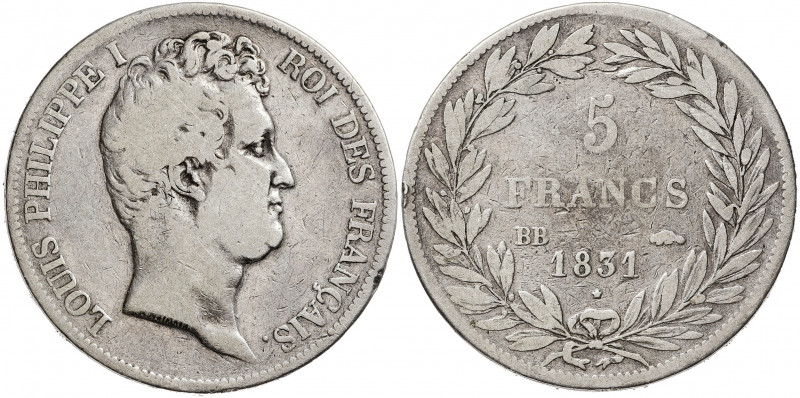 Francia. 1831. Luis Felipe I. BB (Estrasburgo). 5 francos. (Kr. 735.3). AG. 24,4...