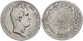 Francia. 1831. Luis Felipe I. BB (Estrasburgo). 5 francos. (Kr. 735.3). AG. 24,48 g. BC.