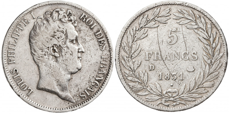 Francia. 1831. Luis Felipe I. D (Lyon). 5 francos. (Kr. 735.4). Rayas. AG. 24,70...