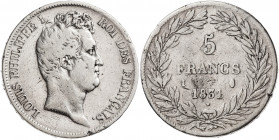 Francia. 1831. Luis Felipe I. I (Limoges). 5 francos. (Kr. 735.6). AG. 24,60 g. BC+.