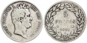 Francia. 1831. Luis Felipe I. K (Burdeos). 5 francos. (Kr. 735.7). AG. 24,44 g. BC+.