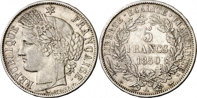 Francia. 1850. II República. A (París). 5 francos. (Kr. 761.1). Leves rayitas. A...