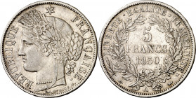 Francia. 1850. II República. A (París). 5 francos. (Kr. 761.1). Leves rayitas. AG. 24,87 g. MBC.