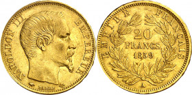 Francia. 1859. Napoleón III. A (París). 20 francos. (Fr. 573) (Kr. 781.1). Golpecitos. AU. 6,43 g. MBC+.