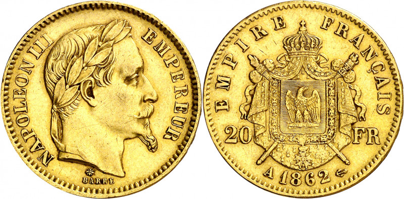 Francia. 1862. Napoleón III. A (París). 20 francos. (Fr. 584) (Kr. 801.1). AU. 6...
