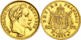 Francia. 1862. Napoleón III. A (París). 20 francos. (Fr. 584) (Kr. 801.1). AU. 6,43 g. MBC+.