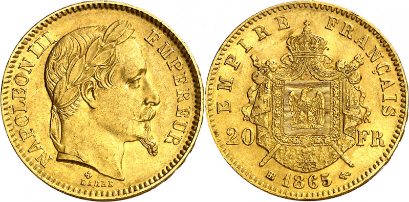 Francia. 1865. Napoleón III. BB (Estrasburgo). 20 francos. (Fr. 585) (Kr. 801.2)...