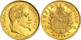 Francia. 1865. Napoleón III. BB (Estrasburgo). 20 francos. (Fr. 585) (Kr. 801.2). AU. 6,39 g. EBC-.