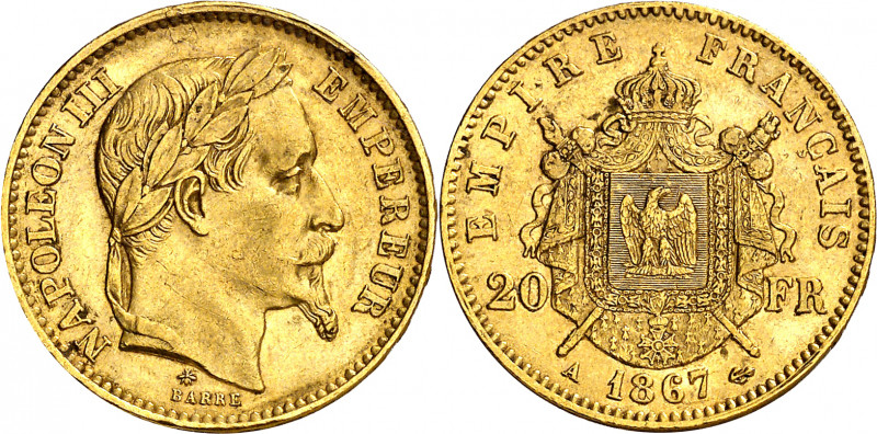 Francia. 1867. Napoleón III. A (París). 20 francos. (Fr. 584) (Kr. 801.1). AU. 6...