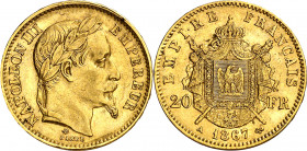 Francia. 1867. Napoleón III. A (París). 20 francos. (Fr. 584) (Kr. 801.1). AU. 6,41 g. MBC+.