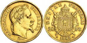 Francia. 1868. Napoleón III. A (París). 20 francos. (Fr. 584) (Kr. 801.1). Limpiada. AU. 6,44 g. MBC.