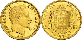 Francia. 1866. Napoleón III. BB (Estrasburgo). 50 francos. (Fr. 583) (Kr. 804.2). Rayitas. AU. 16,19 g. MBC+/MBC.