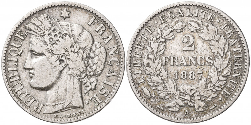 Francia. 1887. III República. A (París). 2 francos. (Kr. 817.1). AG. 9,75 g. MBC...