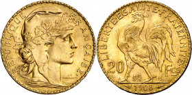 Francia. 1908. III República. 20 francos. (Fr. 499) (Kr. 35.1). AU. 6,45 g. EBC.