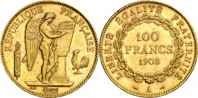 Francia. 1908. III República. A (París). 100 francos. (Fr. 590) (Kr. 858). Leves rayitas. AU. 32,22 g. EBC-.