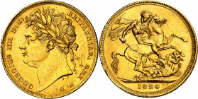 Gran Bretaña. 1824. Jorge IV. 1 libra. (Fr. 376) (Kr. 682). Golpecitos. Escasa. AU. 7,95 g. MBC+.