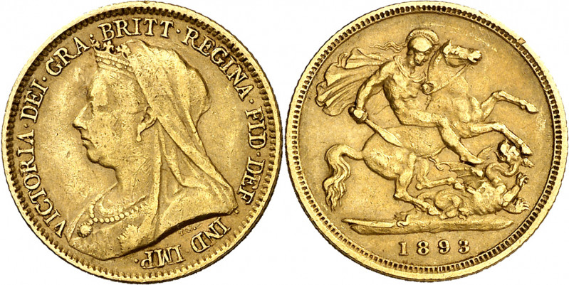 Gran Bretaña. 1893. Victoria. 1/2 libra. (Fr. 397) (Kr. 784). AU. 3,96 g. MBC-.