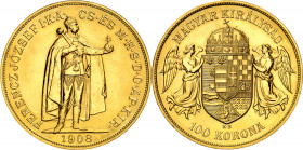 Hungría. 1908. Francisco José I. KB (Kremnitz). 100 coronas. (Fr. 249R) (Kr. 491). Reacuñación. AU. 33,98 g. EBC+.