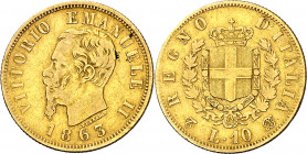 Italia. 1863. Víctor Manuel II. T (Turín). BN. 10 liras. (Fr. 15) (Kr. 9.2). AU. 3,15 g. MBC.