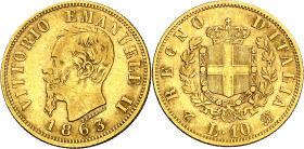 Italia. 1863. Víctor Manuel II. T (Turín). BN. 10 liras. (Fr. 15) (Kr. 9.2). AU. 3,19 g. MBC/MBC+.