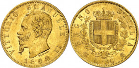 Italia. 1862. Víctor Manuel II. T (Turín). BN. 20 liras. (Fr. 11) (Kr. 10.1). Bella. AU. 6,42 g. EBC+.