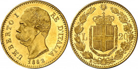 Italia. 1882. Humberto I. R (Roma). 20 liras. (Fr. 21) (Kr. 21). Bella. AU. 6,44 g. S/C-.