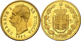 Italia. 1882. Humberto I. R (Roma). 20 liras. (Fr. 21) (Kr. 21). Bella. AU. 6,44 g. S/C-.