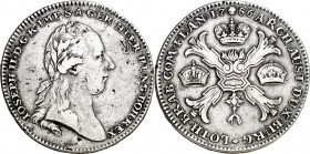 Países Bajos Austríacos. 1786. José II. Bruselas. 1 kronenthaler. (Kr. 32) (Dav. 1284). En canto: VIRTUTE EX EXEMPLO. Golpecitos. AG. 29,13 g. MBC-/MB...