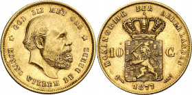 Países Bajos. 1877. Guillermo III. 10 gulden. (Fr. 342) (Kr. 106). AU. 6,70 g. MBC+.