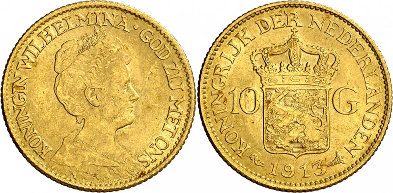 Países Bajos. 1913. Guillermina. 10 gulden. (Fr. 349) (Kr. 149). Bella. AU. 6,71...