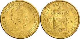 Países Bajos. 1913. Guillermina. 10 gulden. (Fr. 349) (Kr. 149). Bella. AU. 6,71 g. EBC.
