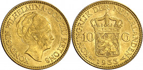 Países Bajos. 1933. Guillermina. 10 gulden. (Fr. 351) (Kr. 162). Bella. AU. 6,71 g. EBC.