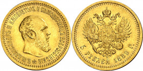 Rusia. 1889. Alejandro III. A. 5 rublos. (Fr. 168) (Kr. 42). Bella. AU. 6,44 g. EBC.