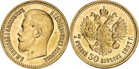 Rusia. 1897. Nicolás II. 7 1/2 rublos. (Fr. 178) (Kr. 63). Golpes. Limpiada. AU. 6,41 g. (MBC-/MBC).