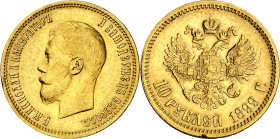 Rusia. 1899. Nicolás II. 10 rublos. (Fr. 179) (Kr. 64). Golpecitos en canto. AU. 8,57 g. (MBC+).