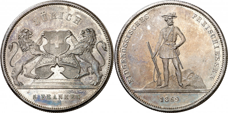 Suiza. 1859. 5 francos. (Kr. S5). Festival de Tiro: Zürich. Pátina. Muy escasa. ...