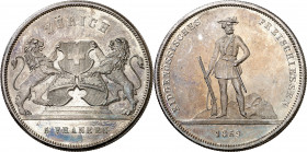 Suiza. 1859. 5 francos. (Kr. S5). Festival de Tiro: Zürich. Pátina. Muy escasa. 24,85 g. S/C-.