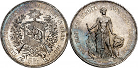 Suiza. 1885. 5 francos. (Kr. S17). Festival de Tiro: Berna. Pátina. Escasa. 24,96 g. S/C-.