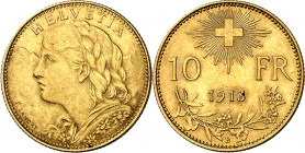 Suiza. 1913. B (Berna). 10 francos. (Fr. 504) (Kr. 36). AU. 3,22 g. EBC-.