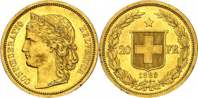 Suiza. 1883. 20 francos. (Fr. 495) (Kr. 31.1). Muy bella. AU. 6,46 g. S/C-.