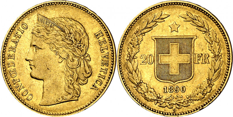 Suiza. 1890. B (Berna). 20 francos. (Fr. 495) (Kr. 31.3). AU. 6,41 g. MBC+/EBC-.