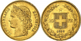 Suiza. 1890. B (Berna). 20 francos. (Fr. 495) (Kr. 31.3). AU. 6,41 g. MBC+/EBC-.
