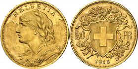 Suiza. 1915. B (Berna). 20 francos. (Fr. 499) (Kr. 35.1). Bella. AU. 6,44 g. EBC.
