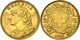 Suiza. 1930. B (Berna). 20 francos. (Fr. 499) (Kr. 35.1). Bella. AU. 6,43 g. EBC.