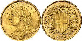 Suiza. 1935. L-B (Berna). 20 francos. (Fr. 499) (Kr. 35.1). Bella. AU. 6,44 g. EBC+.