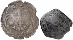 Lote de 2 monedas de cobre: 2 maravedís de Burgos de Felipe II y 1/4 de real de México 1830. A examinar. BC/BC+.