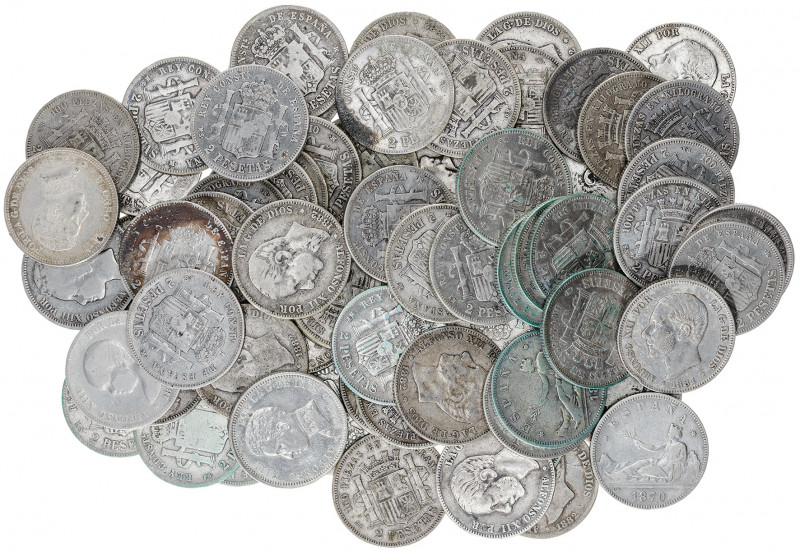 1869 a 1905. 2 pesetas. Lote de 68 monedas. A examinar. BC-/BC+.